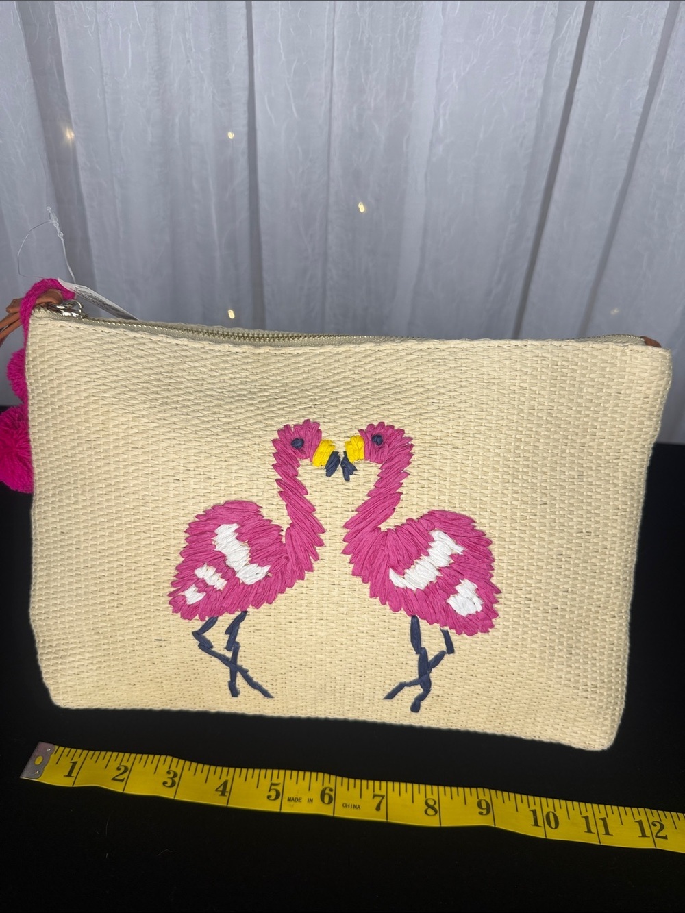 Old Navy Cream Straw Clutch with Pink Flamingo Embroidery and Pink Bracelets - Picture 5 of 6